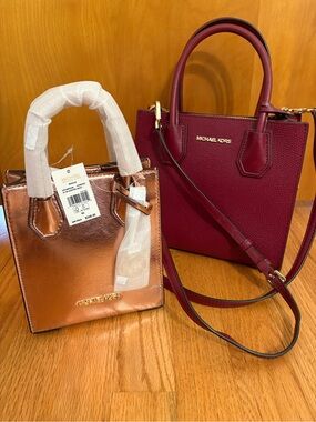 NWT Michael Kors XS Rose Gold Metallic & NWOT Burgundy Crossbody Set